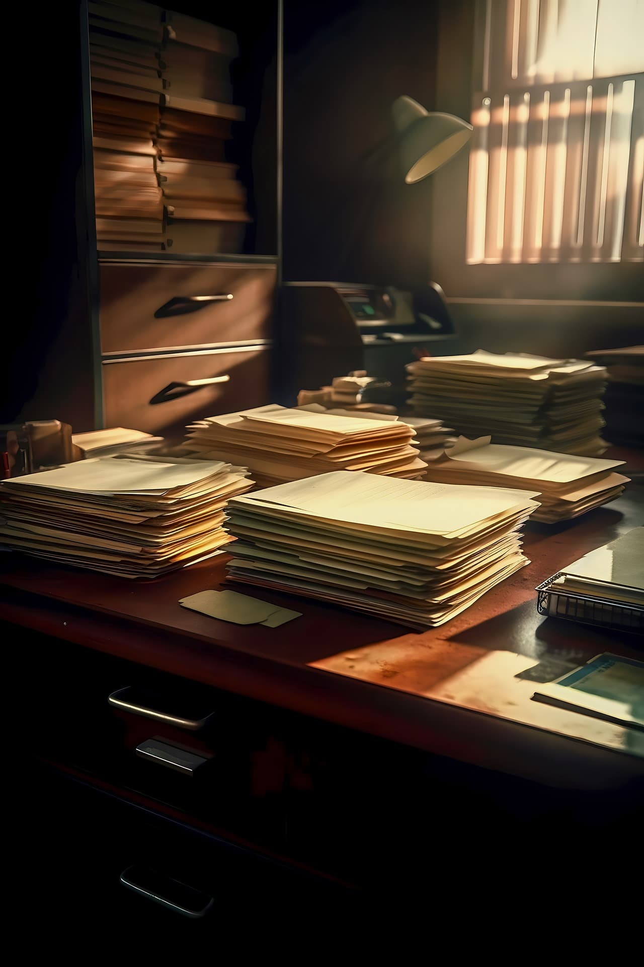 Photo of a stack of documents lying on a desk in a lawyer's room